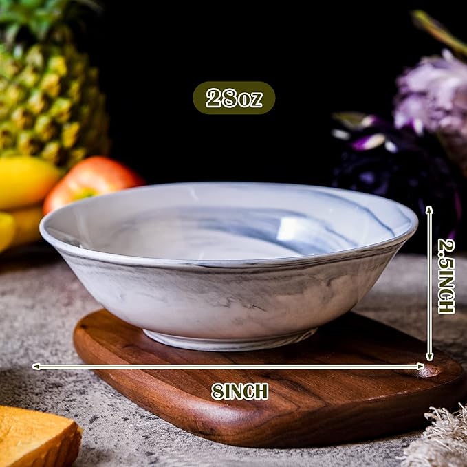 Yundu Grey Marble Ceramics Bowls Set of 6, 28 Ounce Pasta/Cereal/Salad/Soup Bowls for Kitchen, Dishwasher & Microwave Safe