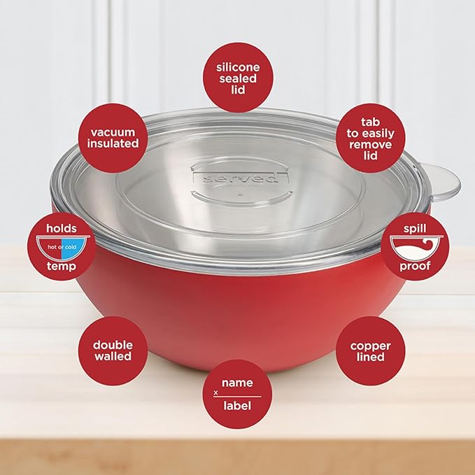 served Large Insulated Serving Bowl with Lid (100oz/3QT) - Double-Walled Stainless Steel Bowl for Hot & Cold Food - Vacuum Insulated, Spill-Resistant Thermal Bowl for Parties, Casseroles, Tailgates