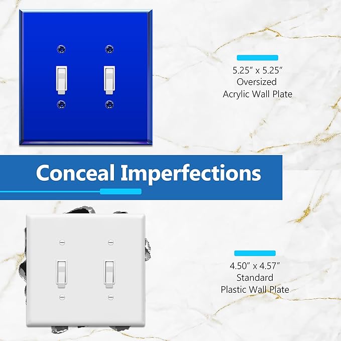 LIDER Double Toggle Switch Acrylic Wall Plate, Mirrored Dual Light Switch Plate, Plexiglass Switch Cover, Reflective Finish, Modern Decoration Upgrade, Oversized 2-Gang 5.25" x 5.25", Blue