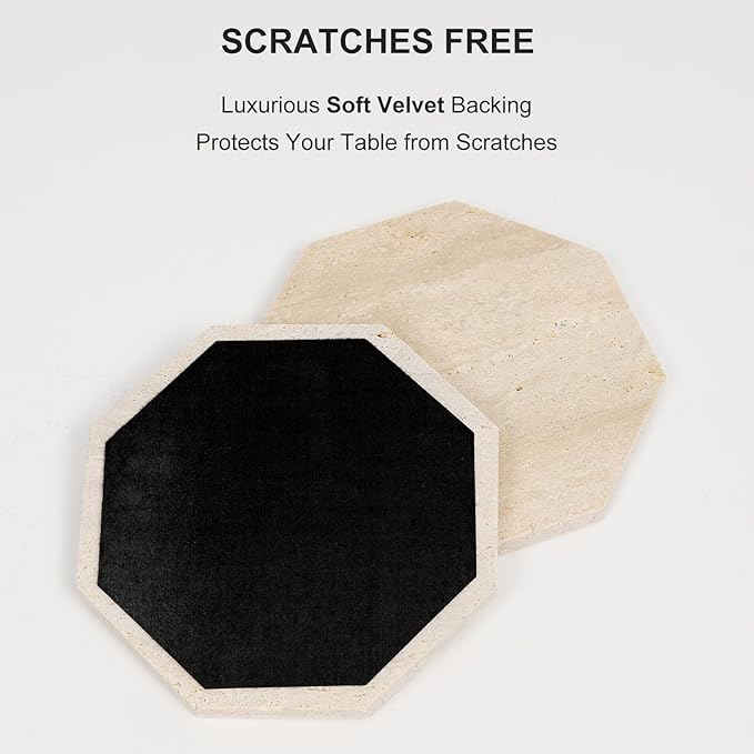 Octagonal Travertine Coasters Set of 6 with Gold Holder, Farmhouse Rustic Neutral Style Coaster for Home Table Decor, Porous Natural Travertine Absorbent Drink Coasters, Velvet Backed