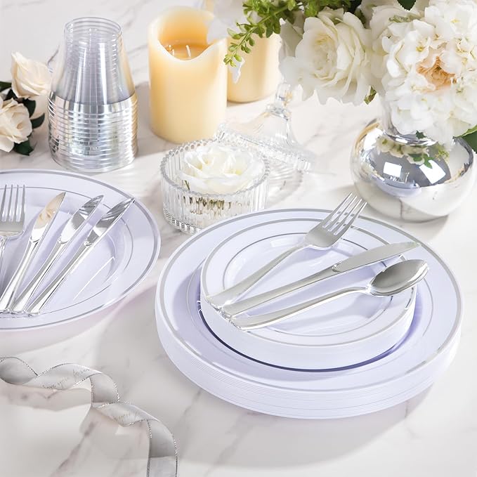 150 PCS Silver Disposable Dinnerware Set for 25 Guests, Silver Plastic Plates for Party, Including 25 Dinner Plates, 25 Salad Plates, 25 Cups, 25 Forks Knives Spoons for Wedding and Party Supplies