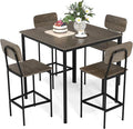 COSTWAY Dining Table Set for 4, 5-Piece Square Kitchen Nook Dinette Set with 4 Bar Stools with Footrest, Backrest, Space-Saving Design, Industrial Kitchen Table and Chairs for Apartment, Grey