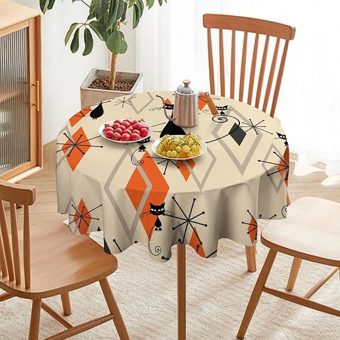 Retro Boho Modern Black Cat Round Tablecloth, Mid Century Boho Moon Abstract Geometric Leaf 50s 60s Style Tablecloth for Home Party Dining Room Kitchen Decor 36Inch(90cm)