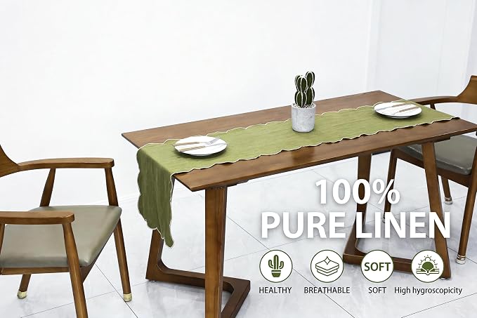 100% Natural Linen Rustic Scalloped Embroidery Table Runner 72 Inches Long - Image 2