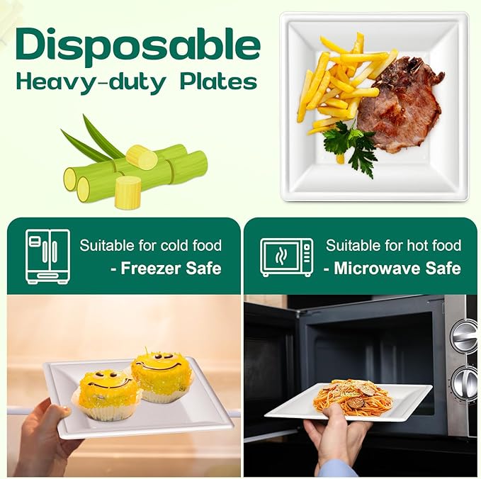 Square Paper Plates 10 Inch [100-Pack] Compostable Eco Friendly Disposable Plates Heavy Duty, Biodegradable Recycled Bagasse Plates, Large Paper Dinner Plates, Sturdy White 10" Plate