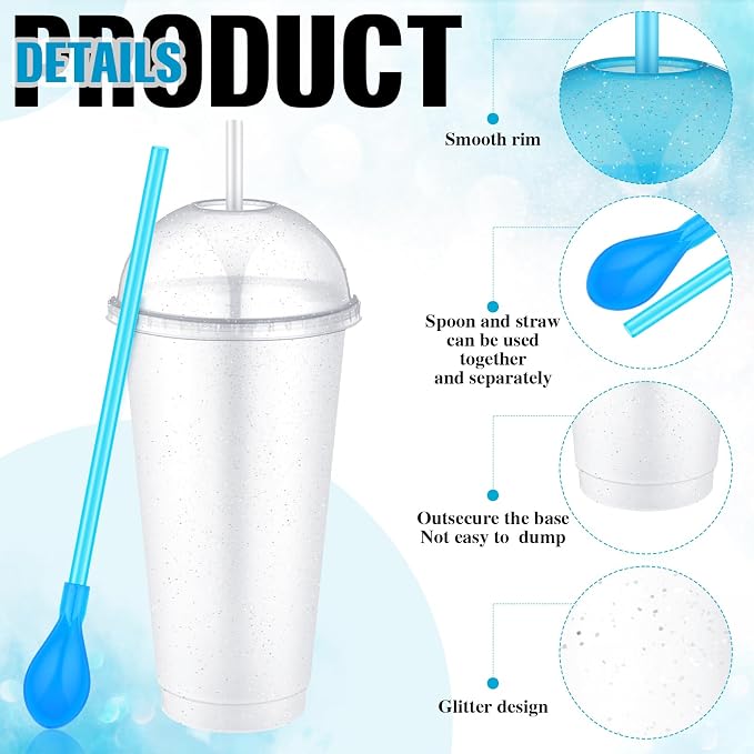 6 Set Slushie Cups with Dome Lids and Straws Detachable Spoon Straws Reusable - Image 3