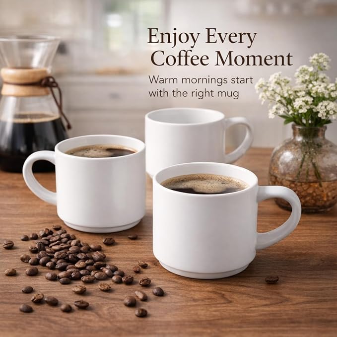 GBhome 14 OZ Coffee Mugs Set of 6, Stackable Matte White Coffee Cups Set | - Image 6