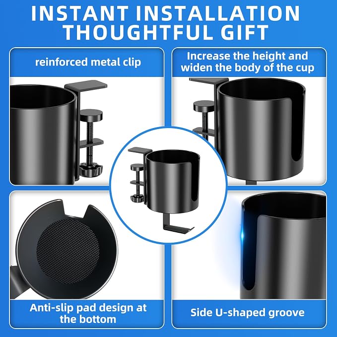 360° Rotating Cup Holder for Desk, Fits 18-40oz, Headphone Hook | U-Shaped - Image 5