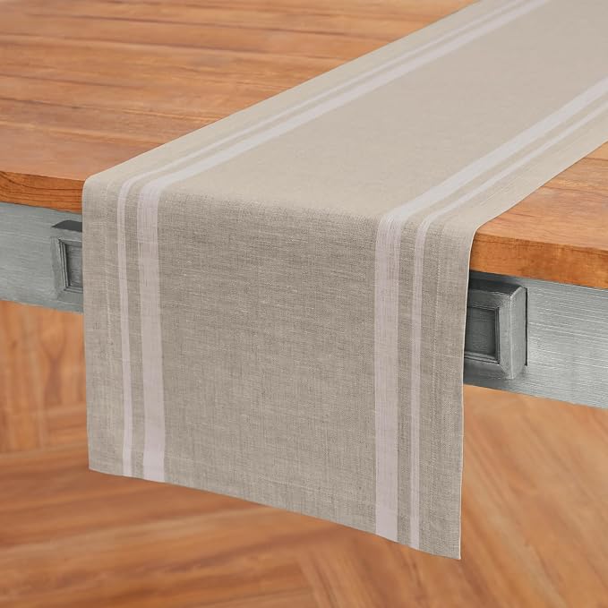 Solino Home 100% Pure Linen Table Runner, 14 x 60 in, French Stripe | Table - Image 2