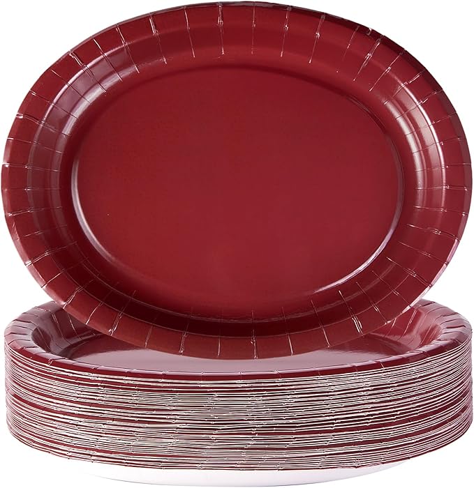 50Pcs Burgundy Oval Paper Plates 10" x 12" Heavy Duty Maroon Wine Dark Red Party Disposable Plates Valentines Day Dessert Platter for Anniversaries Wedding Birthday Holiday Party Supplies Decoration