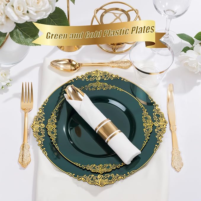 Nervure 350Pcs Green Plastic Plates, Plastic Dinnerware Set - Image 6