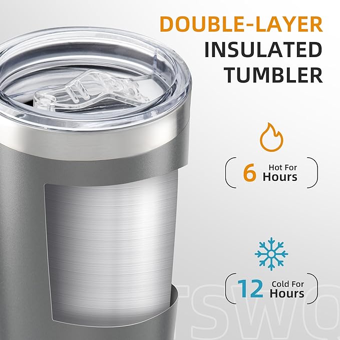 20 oz Tumbler Bulk with Lid Stainless Steel Insulated Tumblers Double Wall Vacuum Coffee Mug Powder Coated Tumbler Cups for Cold and Hot Drinks, Grey, 12 pack