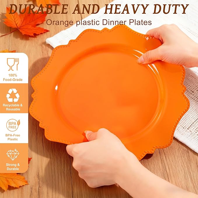 COLOSUS 100pcs orange Disposable Plastic Plate-Heavy duty plate for Party/Wedding/anniversary 50 dinner plates and 50 dessert/salad plates