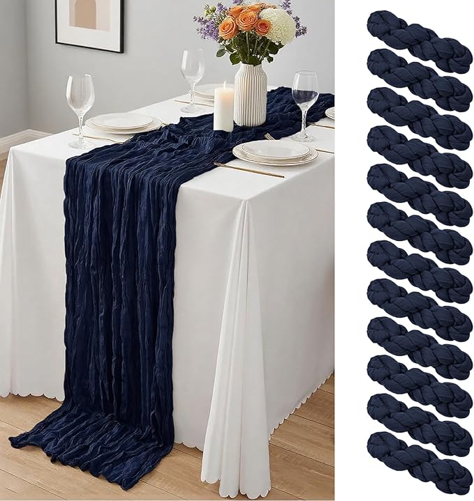 12 Pack Navy Blue Cheesecloth Table Runner 10Ft, Gauze Table Runners 21.5 x 120 by Yemosa