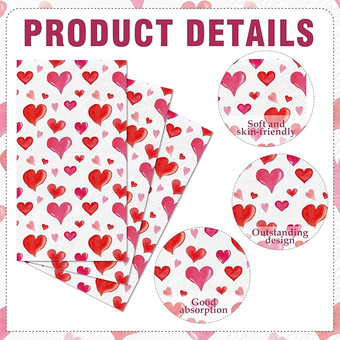 Valentine' s Day Paper Napkins - 100 Pcs Red Heart Decorative Dinner Napkin Sets Disposable, Cocktail Luncheon Party Decorations Supplies for Guest Engagement Anniversary Wedding 7.9 x 4.3 In