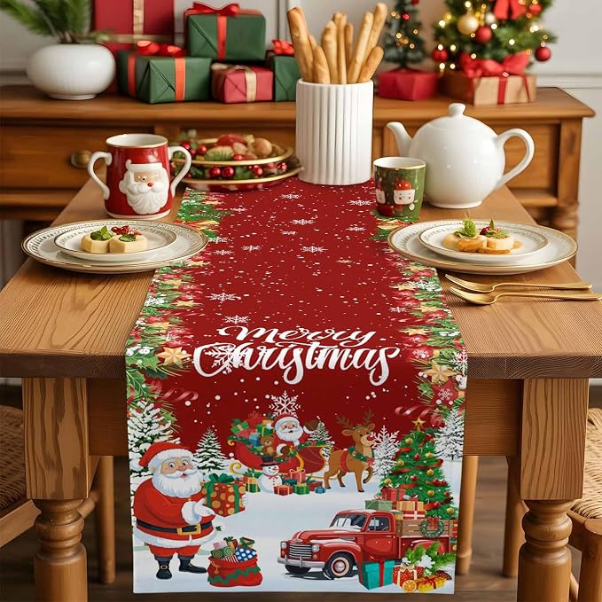 Merry Christmas Table Runner 120 Inches Long, Santa Xmas Tree Snowflake Table - Image 5
