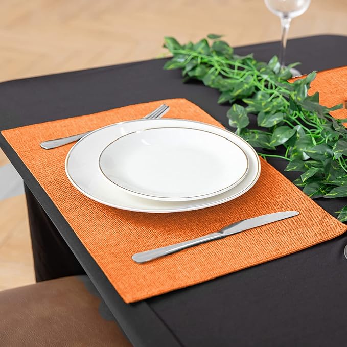 Linen Fabric Placemats Set of 6, Machine Washable, Heat Resistant, Wrinkle Free, Thick Polyester Kitchen Place Mats for Dining Table (Orange)