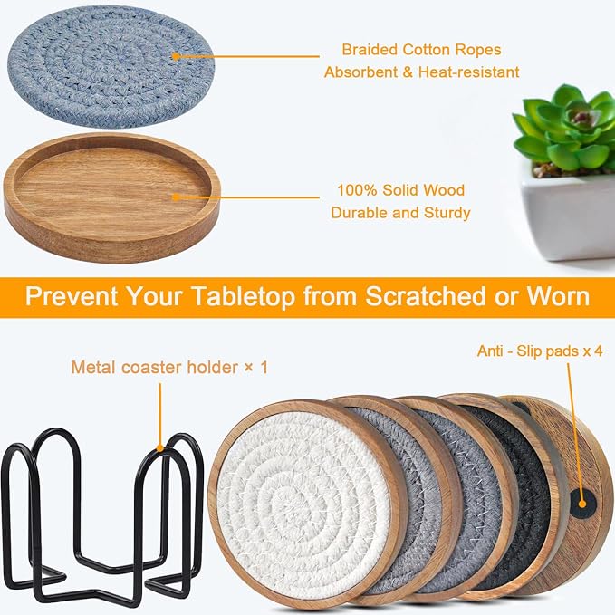 Wood Coasters for Drinks, Eykao Absorbent Coaster Sets of 5, Woven Drink - Image 5