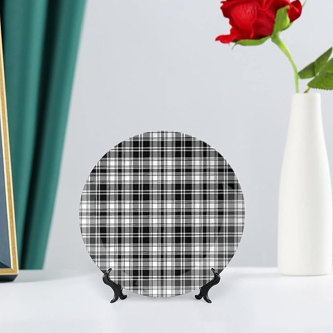 Decorative Plates, Abstract Decor Print Ornament, British Tartan Stripes Pattern, 10 Inch, 1 Plate with 1 Display Stand, Black White