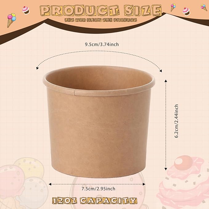 Honeydak 100 Pieces Ice Cream Soup Cups Paper 5 oz Disposable Sundae Bowls Kraft Paper Hot Cold Snack Yogurt Dessert Small Cups for Ice Cream Baby Shower Party Supplies, Brown Disposable Bowls