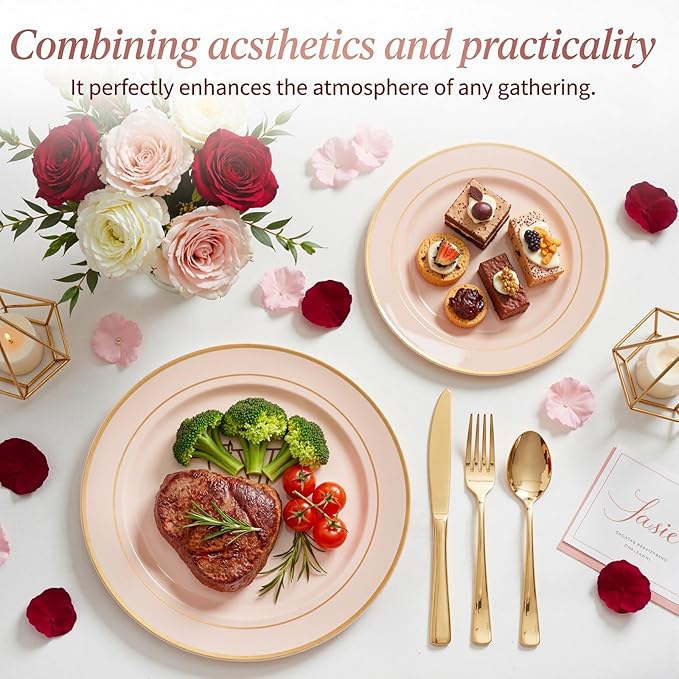 NOCCUR 200PCS Pink Plastic Plates for 100 Guests - Include 100PCS 10" Dinner/ 100PCS 7" Dessert Plastic Plates Heavy Duty - Ideal for Wedding/Party/Valentines & Galentines Day
