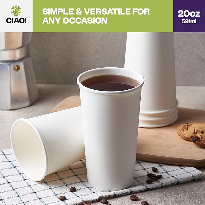 CIAO! 20oz White Paper Hot Cup, Disposable, 90mm Diameter 600 Count