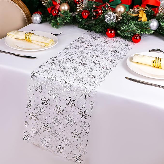Snowkingdom 2 Pcs Christmas Snowflake Silver Table Runner 108 Inch Sparkly - Image 2