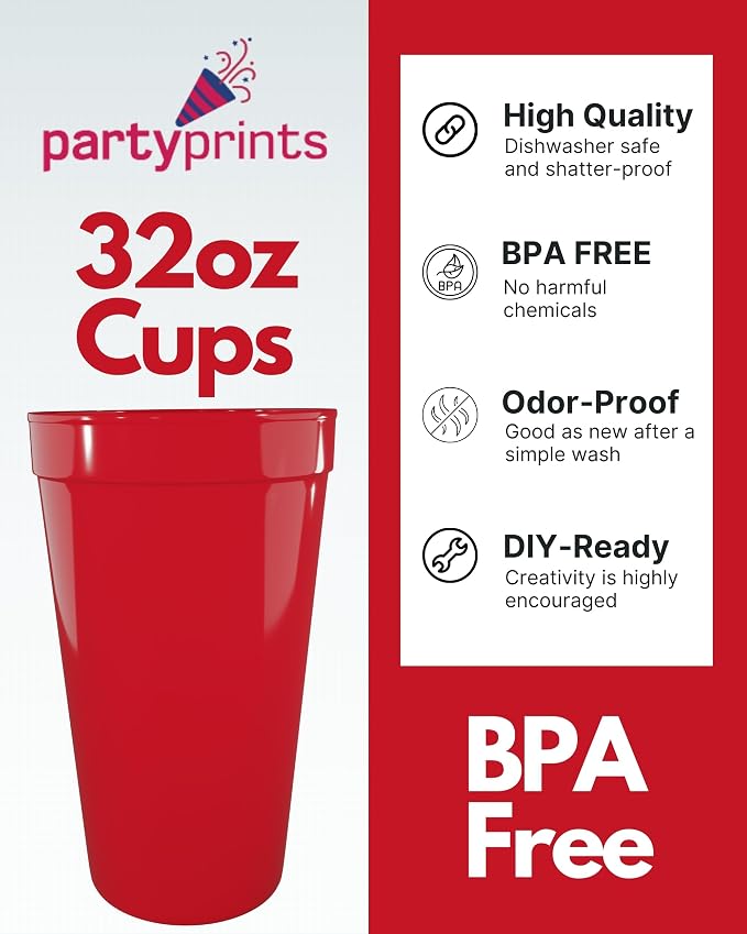 PartyPrints 100 Pack 32 oz Red Reusable Blank Plastic Cups, Colored Plastic - Image 2