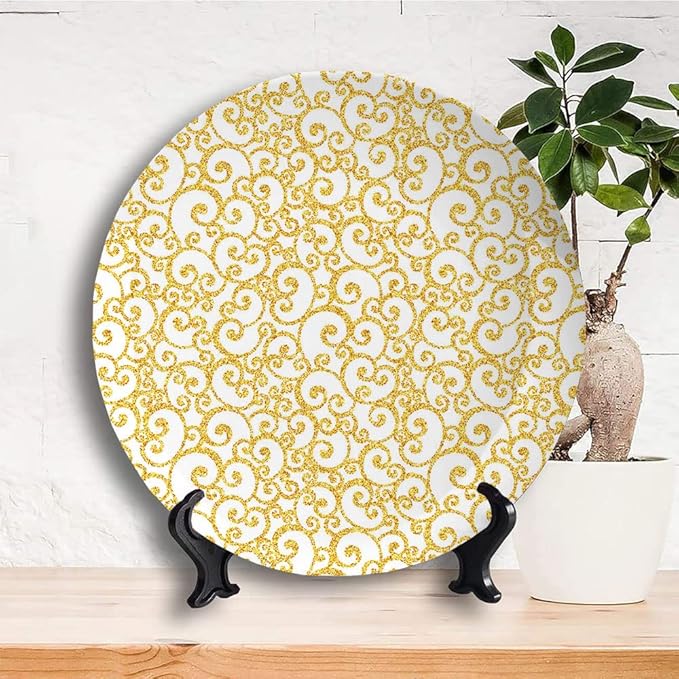 Ceramic Display Plate, Victorian Ceramic Hanging Decorative Plate, Swirling Lines Floral, 10 Inch, Household Custom Ceramic Plate, Golden