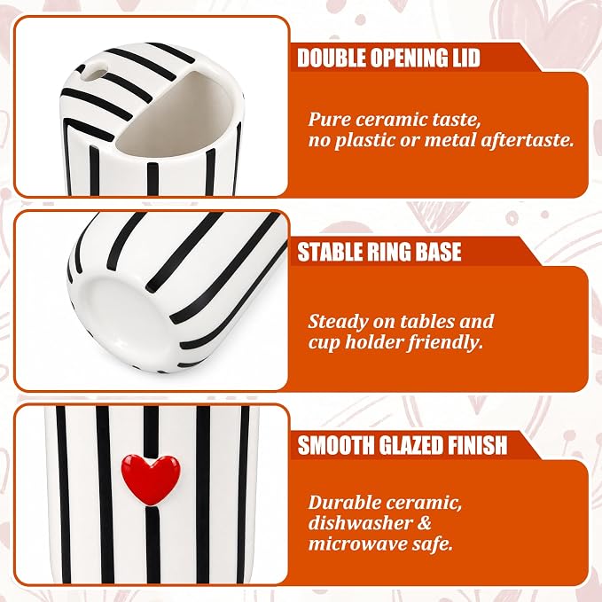 Ceramic Mug with Sip Hole 10 oz Novelty Black Striped Red Heart Ceramic Coffee - Image 3