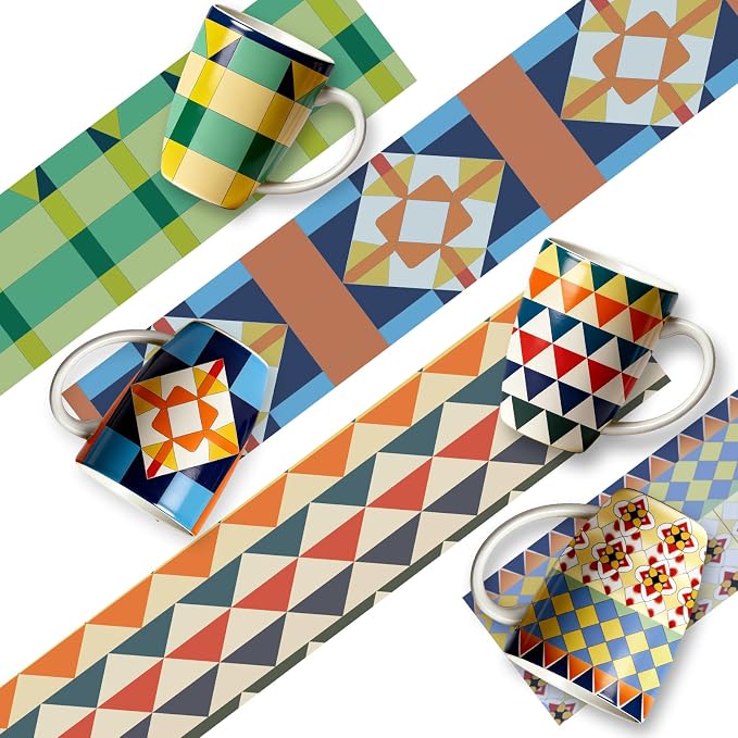 Bohemian Ceramic Coffee Mugs Set of 4, 15oz/450ml Geometric Pattern Tea Cups - Image 5