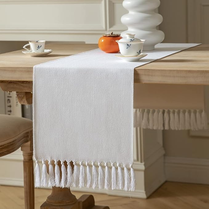 White Table Runners 90 Inches Long, Burlap Linen Style Rustic Farmhouse Table by ZEEMARTONLINE