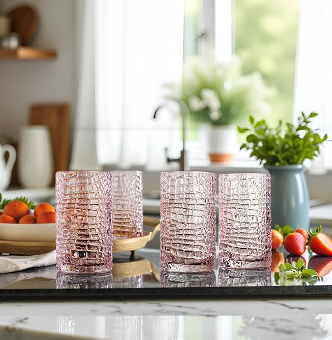 Glaver's Highball Glasses Set of 4 Pink Drinking Glasses, 15 Ounce Crackle Textured Newly Designed Patent Design Glassware Elegant Heavy Duty Drinkware Set, Home Bar Kitchen Water Juice Cocktails