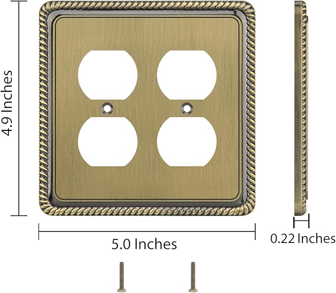 Henne Bery Rope Edge Decorative Wall Plate Switch Plate Outlet Cover (Double Duplex, Antique Brass)