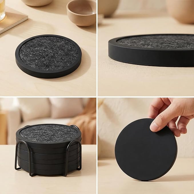 Absorbent Coasters for Drinks with Holder - 6packs, Silicone Coaster with Soft Felt Insert (4.3 inch Coasters with 4.5 inch Holder, Black and White)