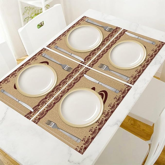 Vintage Coffee Theme Placemat Set, Minimal Rustic Farmhouse Brown Beige Geometric Coffee Cup Beans Seamless Pattern Home Decor Linen Table Mats for Dining Room Kitchen Party (17x12in) x4P