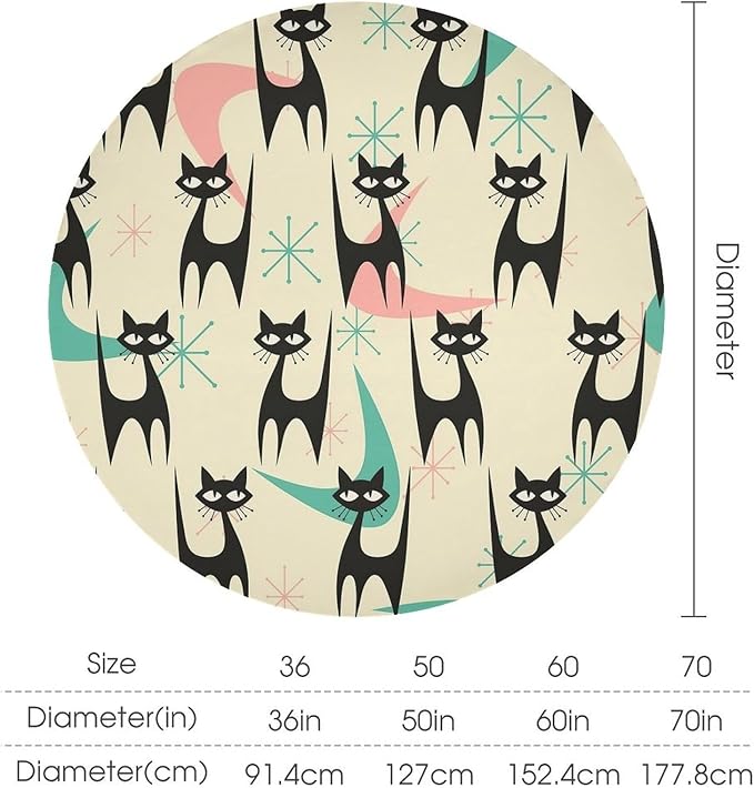 Mid Century Colorful Modern Cat Round Tablecloth, Medieval Bohemian Abstract Animal Tablecloth for Home Party Dining Room Kitchen Decor 36Inch(90cm)