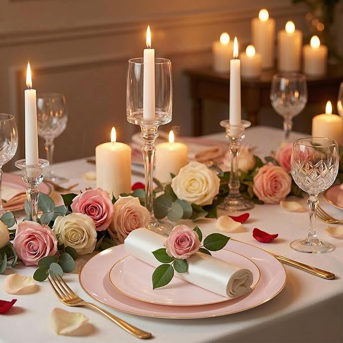 WDF 300Pcs Pink Plates Disposable - Pink and Gold Plastic Dinnerware Set for 50 Guests Include 50 Dinner & Cake Plates, 50 Disposable Cutlery, 50 9oz Cups for Wedding, Party, Valentine's Day
