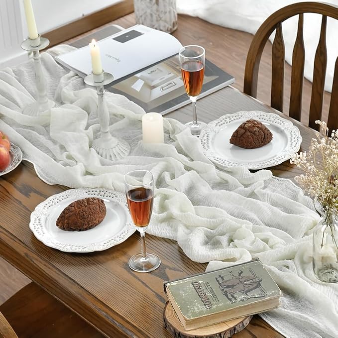 Artoid Mode Boho Cheesecloth Gauze Ivory Wedding Table Runner, 120 Inch - Image 3