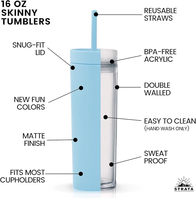 STRATA CUPS Periwinkle Skinny Tumblers with Lids and Straws (12 pack) - 16oz Double Wall Acrylic Tumbler, Tall Matte Skinny Tumblers, Bulk with Free Straw Cleaner, Reusable Cups