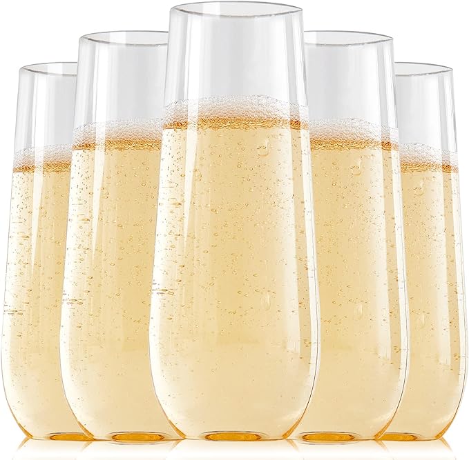 FOCUSLINE 24 Pack 9 Oz Clear Plastic Champagne Flutes, Stemless Plastic by FOCUSLINE