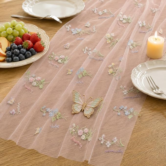Wildflower Tulle Table Runner Butterfly Floral Wedding Party Home Decor | Pink - Image 5