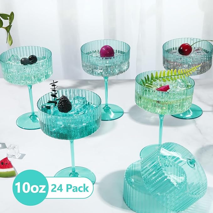 24 Pcs Ribbed Martini Glasses 10 oz Disposable Plastic Vintage Ribbed Coupe Glasses Unbreakable Dessert Parfait Glassware for Wedding Birthday Party Supplies (Light Green)