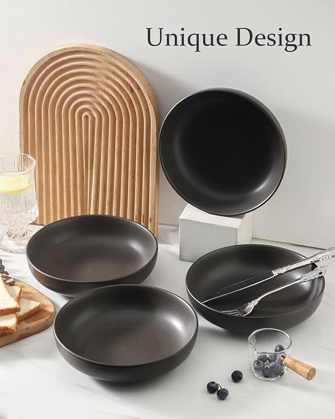 Stoneware Pasta Bowls, 34 oz Large Salad Bowl Set of 4, Ceramic Serving Bowls for Ramen, Pasta, Fruit, Cereal, Dinner, Wide and Shallow Bowls, Microwave & Dishwasher Safe, Matte Black