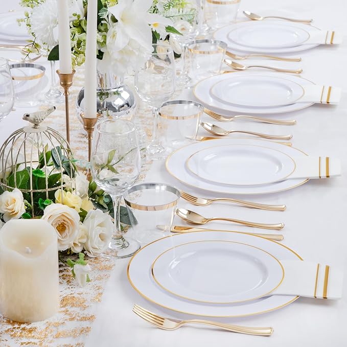 SUT 175 PCS Plastic Plates, 175 Pieces Disposable Heavy Duty for 25 Guests, White Gold Geometric Pattern Dinner Plates with Napkins and Cups, BPA Free