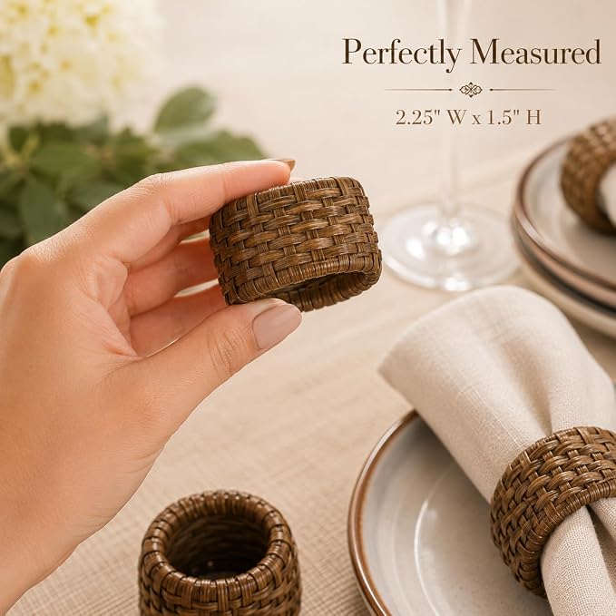 Jute Cane Napkin Rings, Walnut | Plastic & cane, 2.25x2.25x1.5 in each - Image 4