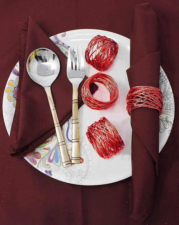 ITOS365 Handmade Round Red Mesh Napkin Rings Set of 6 Holder - Image 2