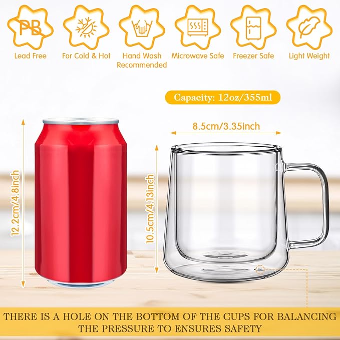 Patelai Glass Coffee Mugs Set of 4, 12 oz Clear Double Walled Coffee Cups - Image 2