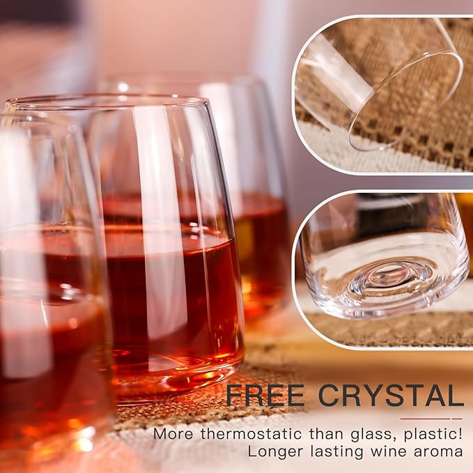Stemless Wine Glasses Set of 6-15oz【Hand-Blown】 Durable Red White Wine Glasses,Unique Crystal Gifts for Him/Her for Wedding, Birthday，Engagement,Valentine's Day