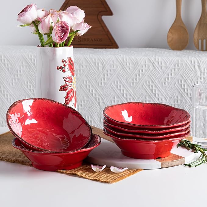 LEHAHA Melamine Cereal Bowls Sets, Set of 6 7” Farmhouse Melamine Small Bowls for Salad, Pasta, Snack, Dessert, Soup, Dipping or Ice Cream, Dishwasher Safe, Red